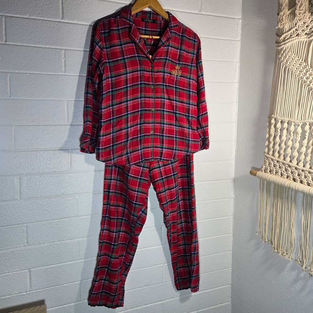 Ralph Lauren Pajama Set Medium Red Plaid Cotton Blend Mixed Print Crest Cabin